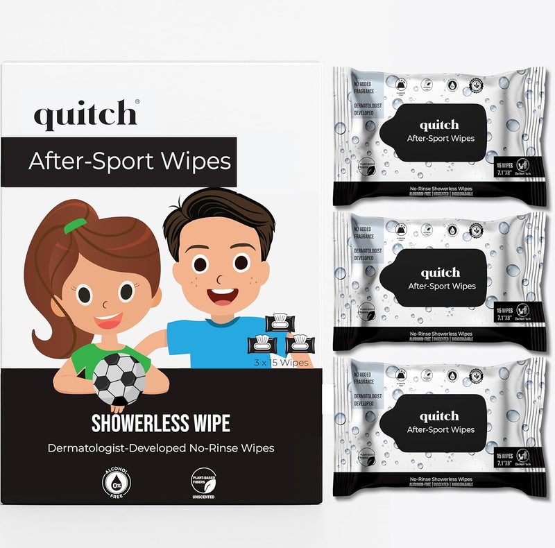 quitch After-Sport Wipe Unscented Shower Body Wipe for Kids & Baby, Plastic-Free, Plant-based, Aluminum-Free Natural Deodorant, Sensitive Skin Towelettes, No Rinse, Travel-Friendly Camping Essential - Image 1
